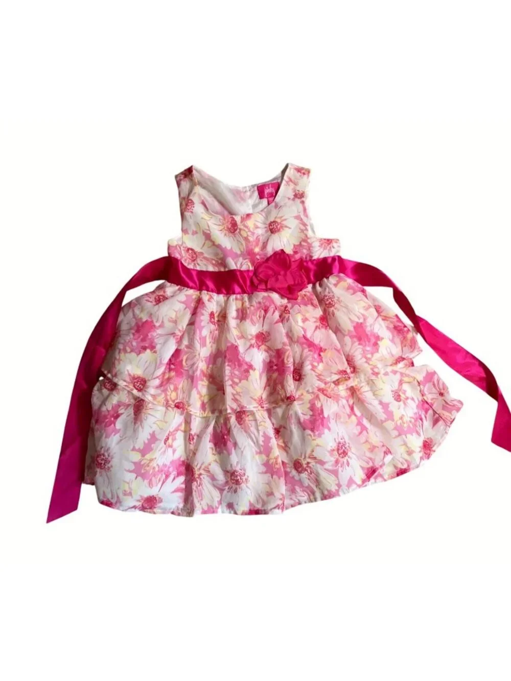 Pink White Floral Sleeveless Tiered Girls Dress With Pink Sash & Flower Size 4